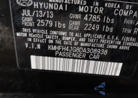 2013 Hyundai Azera из США, поврежденный, VIN KMHFH4JG8DA308938
